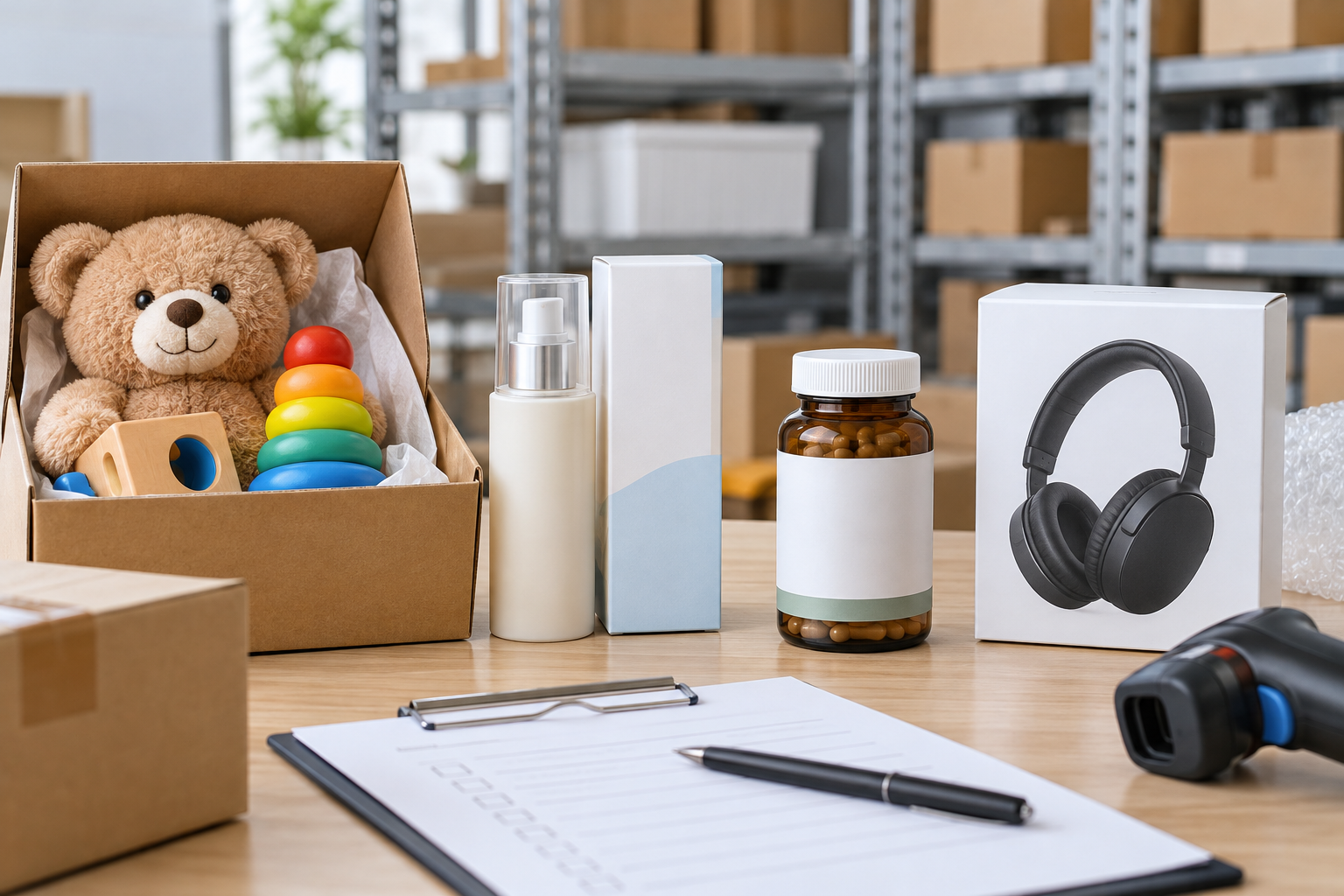 Generic children's product, cosmetic, supplement and battery-powered electronics packages in an ecommerce warehouse