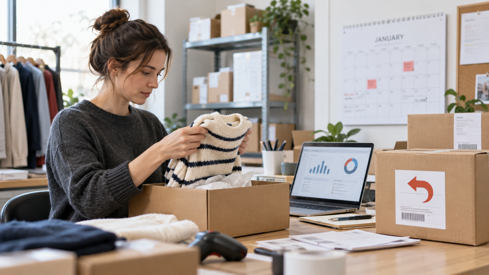 Online seller inspecting a returned product during the holiday returns season