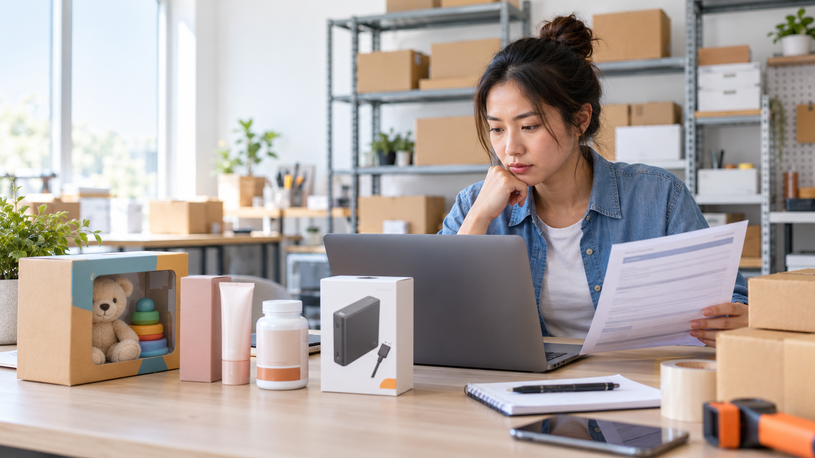 Online marketplace seller reviewing a commercial liability insurance document in a fulfillment workspace